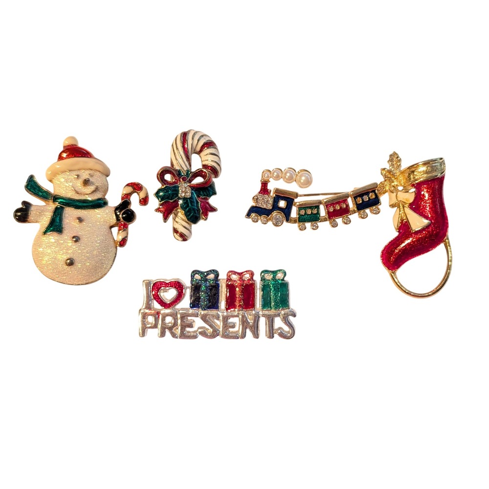 VTG 90s Christmas Pin Lot 5 Snowman Train Stocking Candy Cane Presents Enamel